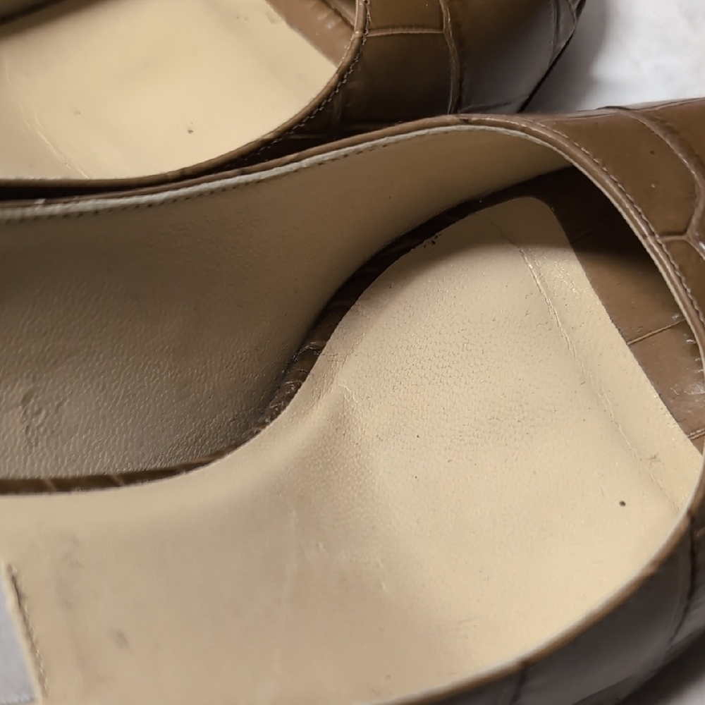 Jimmy Choo Croc-Embossed Tan Peep-Toe Heels - Picture 3 of 7
